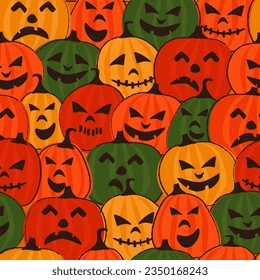 Nahtloses Muster mit Halloween-Kürbissen. Furchtbare finstere Gesichter und erschreckende Lächeln. Vektorgrafiken.