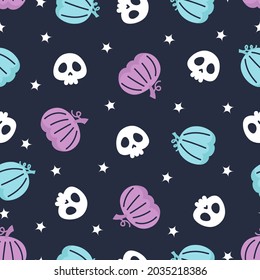 patrón transparente para halloween con calabazas y calaveras sobre fondo negro, impresión de color, ilustración vectorial