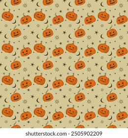 Seamless pattern with Halloween pumpkins and star. Trick of Treat. Vintage Halloween surface wallpaper.