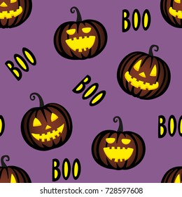 Seamless pattern with halloween pumpkins and text boo.