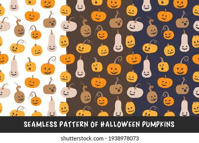 Seamless pattern of halloween pumpkins. Vector festive texture on white and dark colors.