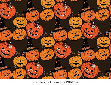 Seamless Pattern with Halloween Pumpkins. Vector.