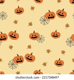 Seamless pattern with halloween pumpkins, web, autumn leaves. Happy Halloween concept. Design for party card, wrapping, fabric, print