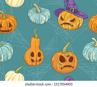Seamless pattern with halloween pumpkins and webs
