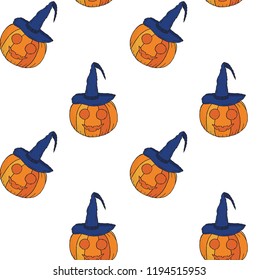 Seamless pattern for Halloween. Pumpkins in witch caps with eyes and smiles on a white background. Hand drawing. Vector.