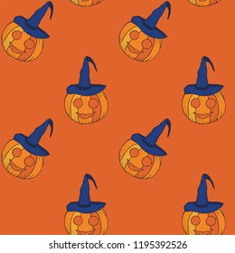 Seamless pattern for Halloween. Pumpkins in witch caps with eyes and smiles on a orange background. Hand drawing. Vector.