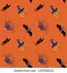 Seamless pattern for Halloween. Pumpkins in witch caps, black cats, bats, spiders on cobwebs on a orange background. Hand drawing. Vector.
