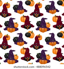 Seamless Pattern With Halloween Pumpkins in Witch's Hat