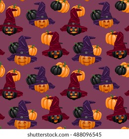 Seamless Pattern With Halloween Pumpkins in Witch's Hat