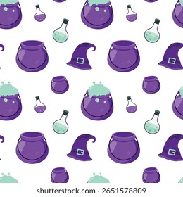 Seamless pattern for Halloween. Purple cauldrons with green liquid, potion flasks, witches' hats.