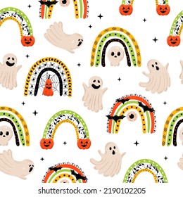 Seamless pattern with Halloween rainbow. Cute scary rainbow.  Design for Halloween, holidays.  Hand drawn vector illustration. Colorful illustration with spotted animal print.