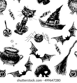 Seamless pattern with Halloween related animal and objects.