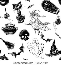 Seamless pattern with Halloween related animal and objects.