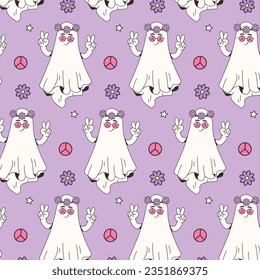  Patrón sin foco para Halloween. Dibujos de Retro Groovy y personaje fantasma hippie. Ilustración del vector