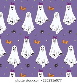 Seamless pattern for Halloween. Retro groovy cartoon elements and cute ghost characters. Vector illustration