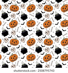 Seamless pattern for Halloween. Scary autumn hand-drawn pattern for covers, backgrounds, wrapping paper, banners, textiles, wallpaper. With pumpkin, skulls, cauldron, bones and bats in a doodle-style