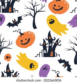 Seamless pattern for Halloween. Scary background with monsters, pumpkins and inscriptions. Nightmarish elements for a holiday.
 Vector illustration.