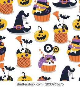 Seamless pattern for Halloween. Scary background with monsters, pumpkins and inscriptions. Nightmarish elements for a holiday.
 Vector illustration.