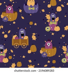 Seamless pattern for Halloween. Scary background with monsters, pumpkins and inscriptions. Nightmarish elements for a holiday.
 Vector illustration. Printing on fabric, paper, postcards, invitations.
