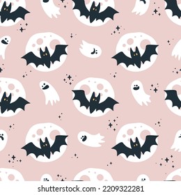 Seamless pattern for Halloween. Scary background with monsters, pumpkins and inscriptions. Nightmarish elements for a holiday.
 Vector illustration. Printing on fabric, paper, postcards, invitations.