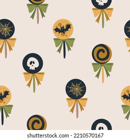 Seamless pattern for Halloween. Scary background with sweets, pumpkins and branches. Nightmarish elements for a holiday.
Vector illustration. Printing on fabric, paper, postcards, invitations.