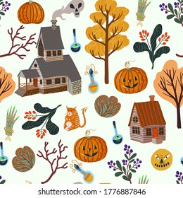 Seamless pattern with Halloween   scary elements. Vector cartoon flat illustration