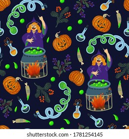 Seamless pattern with Halloween   scary elements. Vector cartoon flat illustration