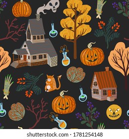 Seamless pattern with Halloween   scary elements. Vector cartoon flat illustration