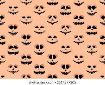 Seamless pattern with halloween scary face in pixel art style. Pixel scary pumpkin face in 8-bit retro graphic style of 80s games. Design for wallpapers, banners and posters. Vector illustration