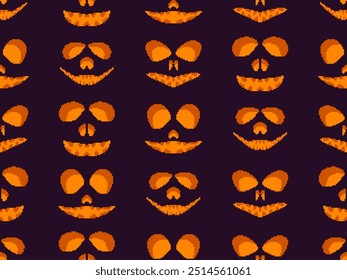 Seamless pattern with halloween scary face in pixel art style. Pixel scary pumpkin face in 8-bit retro graphic style of 80s games. Design for wallpapers, banners and posters. Vector illustration