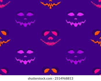 Seamless pattern with halloween scary face in pixel art style. Pixel scary pumpkin face in 8-bit retro graphic style of 80s games. Design for wallpapers, banners and posters. Vector illustration