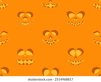 Seamless pattern with halloween scary face in pixel art style. Pixel scary pumpkin face in 8-bit retro graphic style of 80s games. Design for wallpapers, banners and posters. Vector illustration