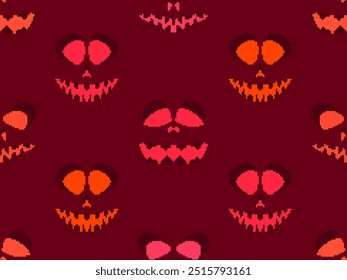 Seamless pattern with halloween scary face in pixel art style. Pixel scary pumpkin face in 8-bit retro graphic style of 80s games. Design for wallpapers, banners and posters. Vector illustration