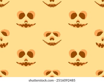 Seamless pattern with halloween scary face in pixel art style. Pixel scary pumpkin face in 8-bit retro graphic style of 80s games. Design for wallpapers, banners and posters. Vector illustration