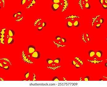 Seamless pattern with halloween scary face in pixel art style. Pixel scary pumpkin face in 8-bit retro graphic style of 80s games. Design for wallpapers, banners and posters. Vector illustration