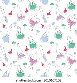 Seamless pattern for Halloween. Scary magical pattern with poisons, potions and mushrooms. Doodle pattern. Witch items 