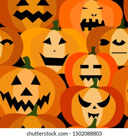 Seamless pattern of halloween scary orange pumpkins on a black background. Funny, creepy, smiling faces. Autumn characters. Happy Halloween festive symbol. Spooky autumn vector flat style illustration