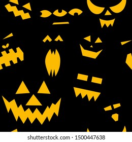Seamless pattern of halloween scary pumpkins on black background. Funny, creepy, smiling faces. Happy Halloween festive symbol. characters with luminous eyes. Spooky autumn vector flat illustration