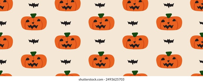 Seamless pattern for Halloween. Scary pumpkins and bats. Vector illustration. Hand drawn design.