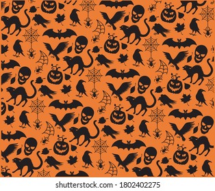 Seamless pattern for Halloween with scary silhoettes on the orange background. Vector illustration.