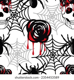 Seamless pattern with the Halloween scull with bloody roses on web background. Hand drawn sketch style.
Vector illustration. 