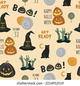 Seamless pattern with Halloween season icons and symbols. Pumpkin Jack O'Lantern, witch hat, black cat, candy, zombie hands and spooky lettering. Orange background and colorful illustrations. 