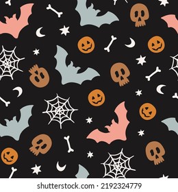 Seamless pattern with halloween silhouette elements on a black background. Vector illustration