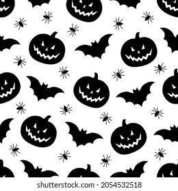 Seamless pattern Halloween silhouettes vector illustration. Spooky spider pumpkin bat	