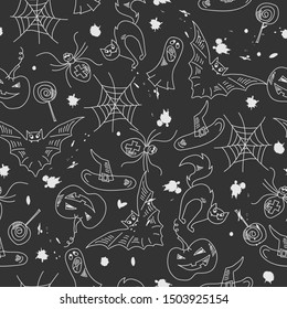 Seamless pattern for Halloween, simple contour drawings and blots on dark background, the imitation of children's drawings