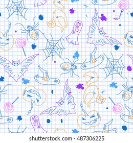 Seamless pattern for Halloween, simple contour drawings and blots on the page in a cell, the imitation of children's drawings