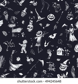 Seamless pattern - Halloween. Sketch - witch, vampire, scarecrow, pumpkins, bats. Isolated vector, vintage. chalk on a black. 4 design of greeting cards & wallpapers