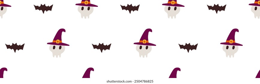 Seamless pattern for Halloween. Skull and bat. Flat design. Hand drawn illustration on white background.