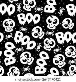 Seamless Pattern of Halloween Skull and Boo Text with Spider on Black Background- Halloween Vector Illustration