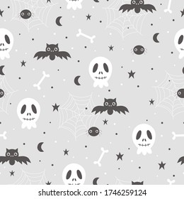 Seamless pattern for Halloween with skull, spider and bat.